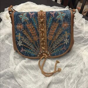 Embroidered Blue and Tan Women's Bag
